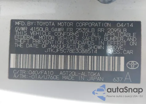 2014 Scion Tc from USA, damaged, VIN JTKJF5C78E3088514